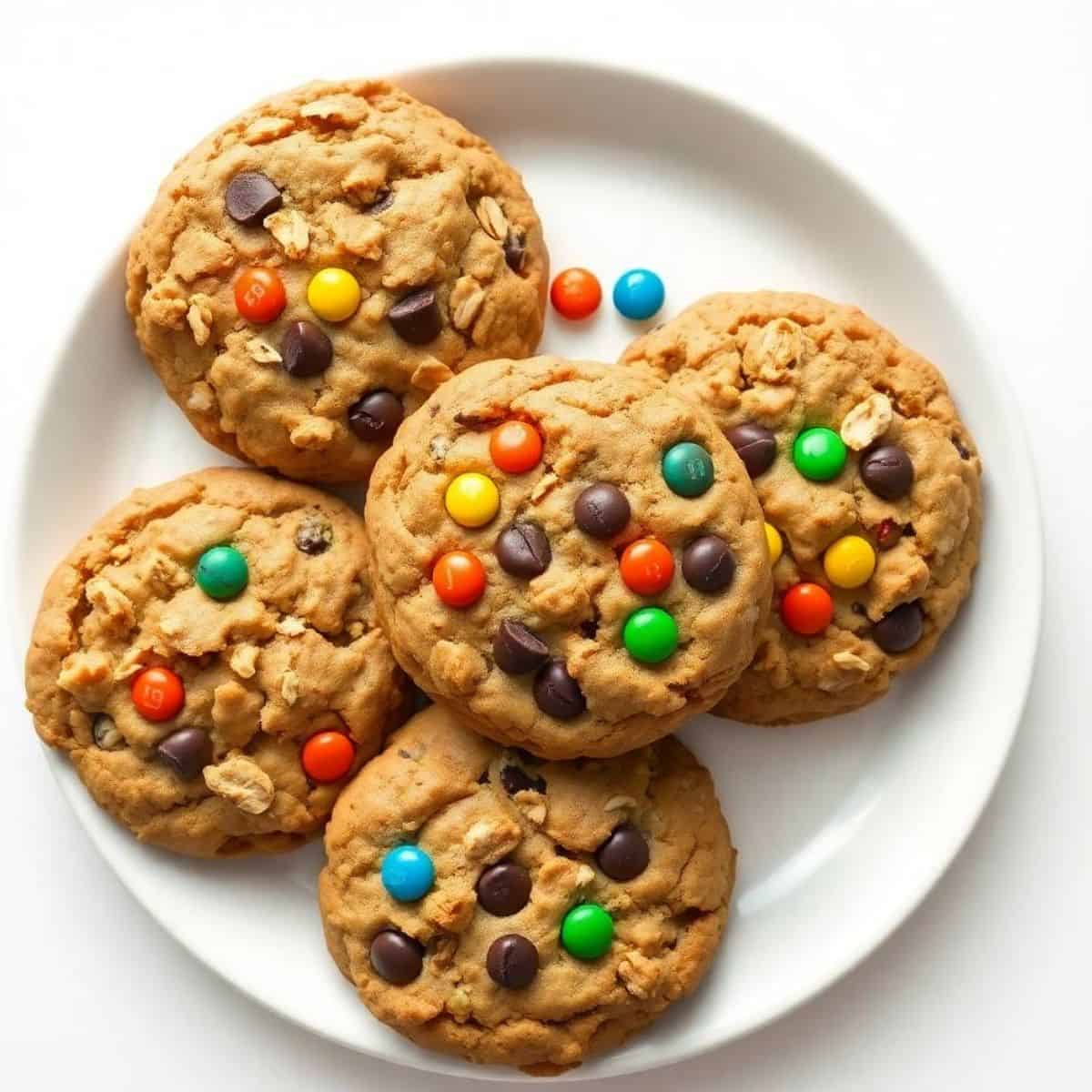 Freshly baked monster cookies with colorful candy and chocolate chips on a white plate.