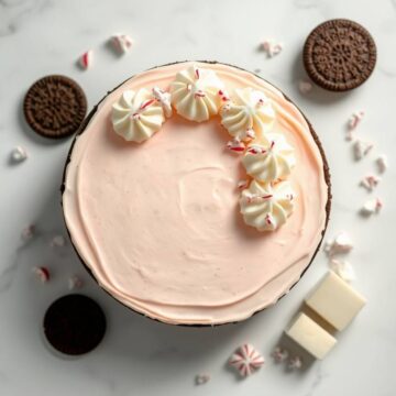 No bake peppermint cheesecake topped with whipped cream and peppermint candies.