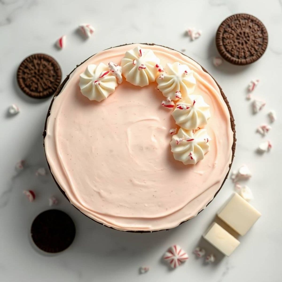 No bake peppermint cheesecake topped with whipped cream and peppermint candies.