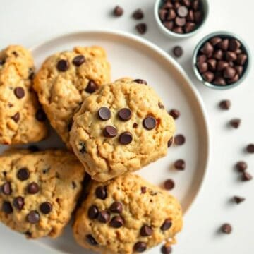 Delicious peanut butter chocolate chip scones with a golden crust and melty chocolate chips, perfect.