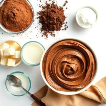 Delicious chocolate buttercream frosting in a bowl, perfect for cakes and cupcakes.