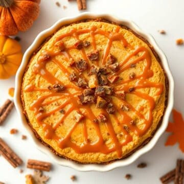 Delicious pumpkin caramel cheesecake topped with caramel drizzle and crunchy toppings.