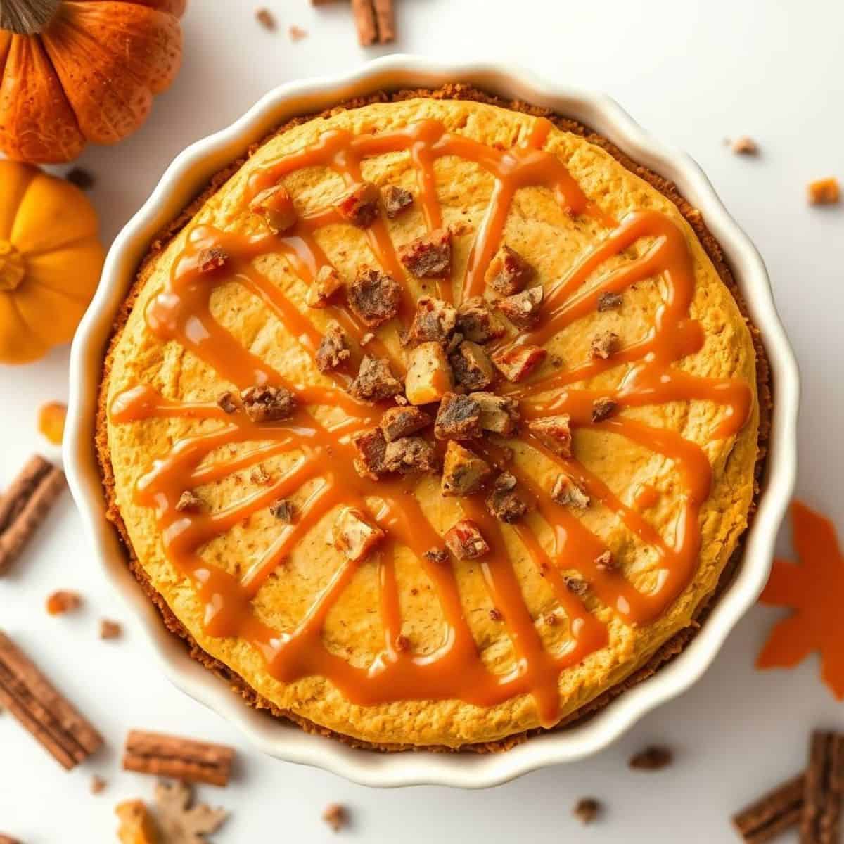 Delicious pumpkin caramel cheesecake topped with caramel drizzle and crunchy toppings.