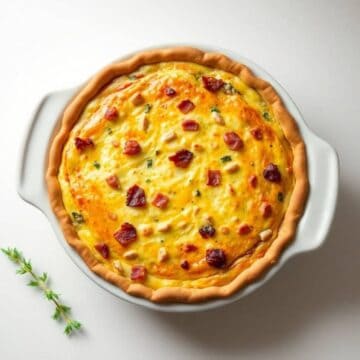 Delicious Quiche Lorraine with crispy bacon and melted cheese in a golden crust.