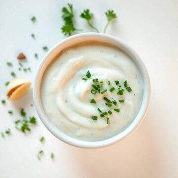 Ranch dressing in a small bowl garnished with chopped chives, perfect for salads and dipping snacks.