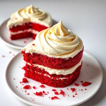 Delicious red velvet cake slice topped with creamy cream cheese frosting. Perfect for celebrations a.