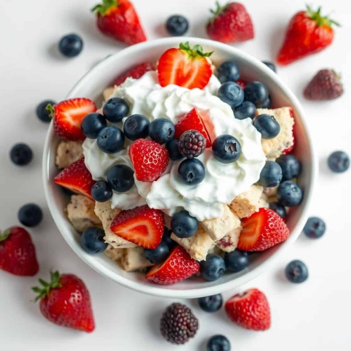 Cheesecake salad with fresh strawberries, blueberries, and whipped cream. Perfect patriotic dessert.