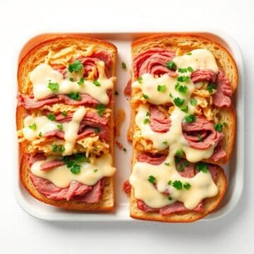 Reuben bread sandwich with corned beef, cheese, and sauerkraut.