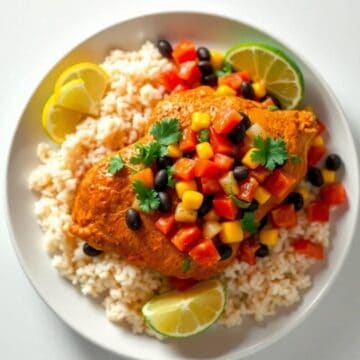 Delicious Santa Fe chicken served with rice, colorful vegetables, and lime wedges.