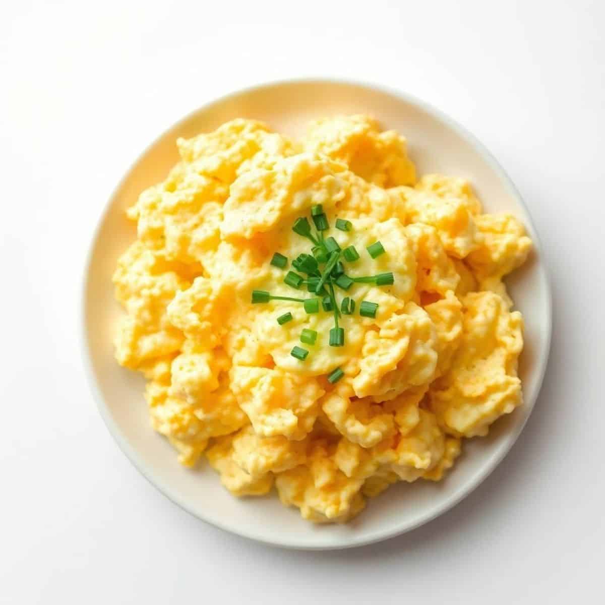 Fluffy scrambled eggs garnished with fresh chopped green onions on a white plate.