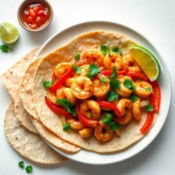 Delicious shrimp fajitas with peppers and cilantro on soft tortillas, perfect for a flavorful Mexica.
