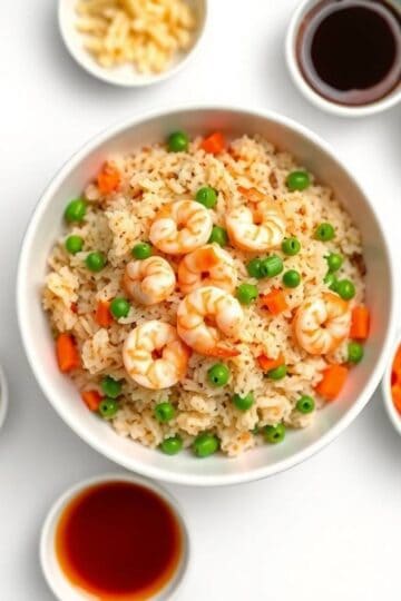 Shrimp fried rice with peas, carrots, and shrimp in a white bowl.