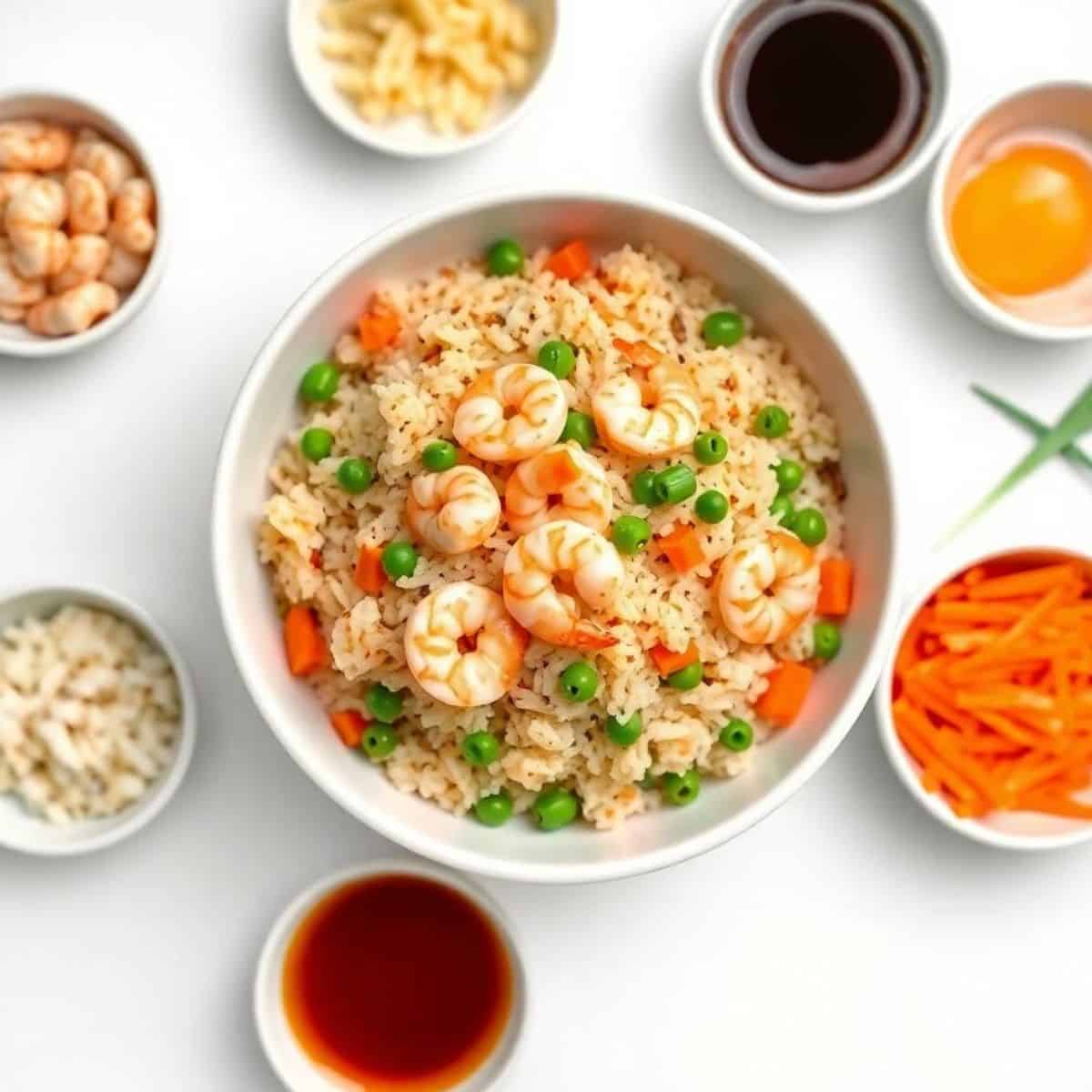 Shrimp fried rice with peas, carrots, and shrimp in a white bowl.