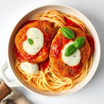 Delicious skillet chicken parmesan with melted cheese and fresh basil on spaghetti. Perfect comfort.