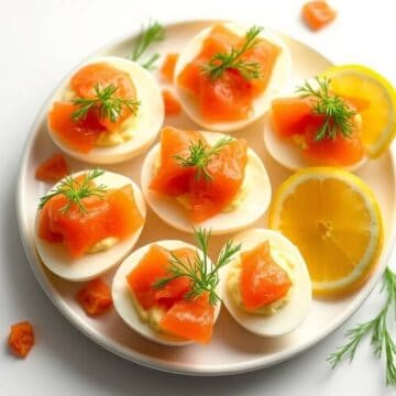 Smoked salmon deviled eggs with fresh herbs and lemon slices for elegant appetizer. Perfect for part.