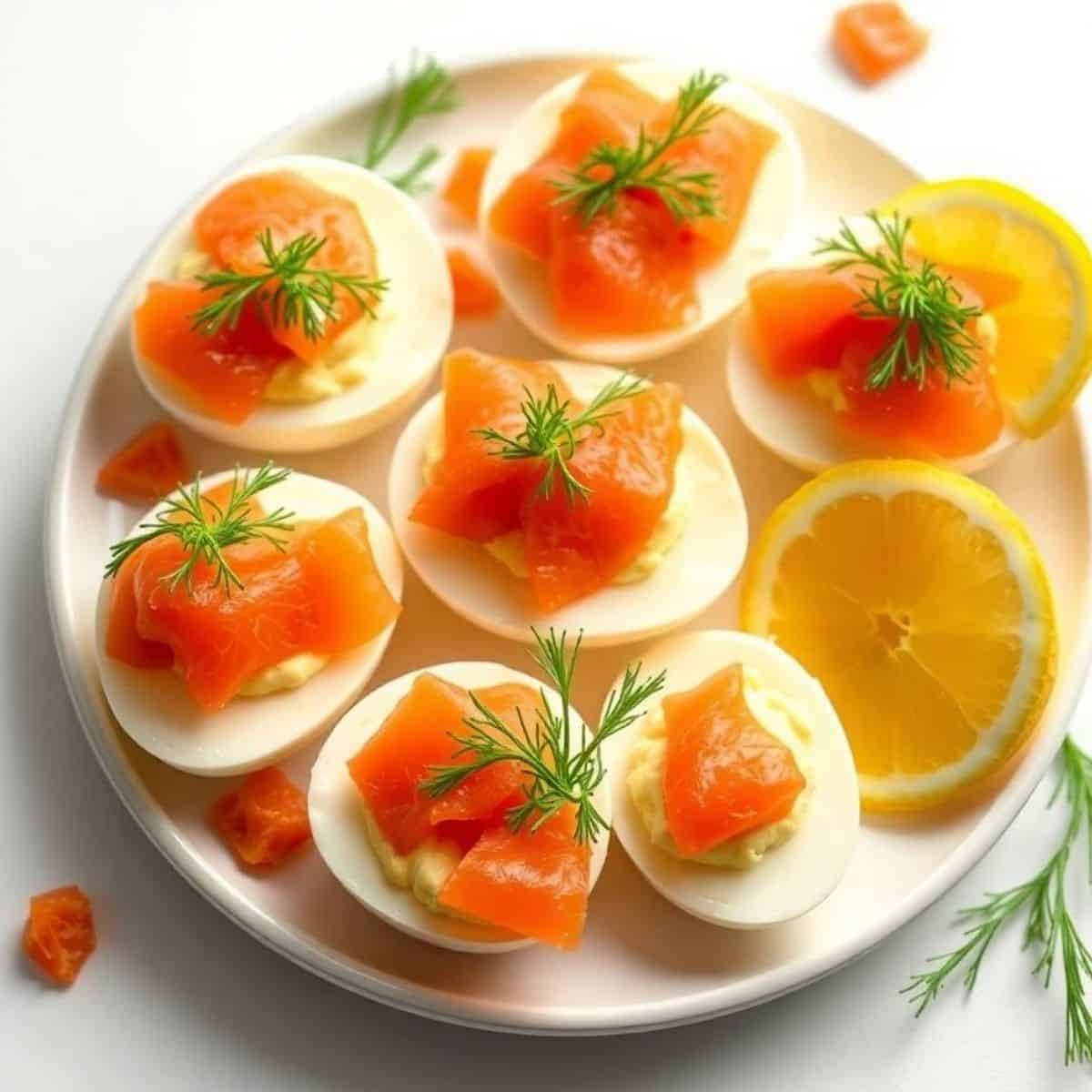 Smoked salmon deviled eggs with fresh herbs and lemon slices for elegant appetizer. Perfect for part.