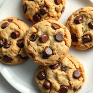 Freshly baked soft and chewy chocolate chip cookies with melty chocolate chips.
