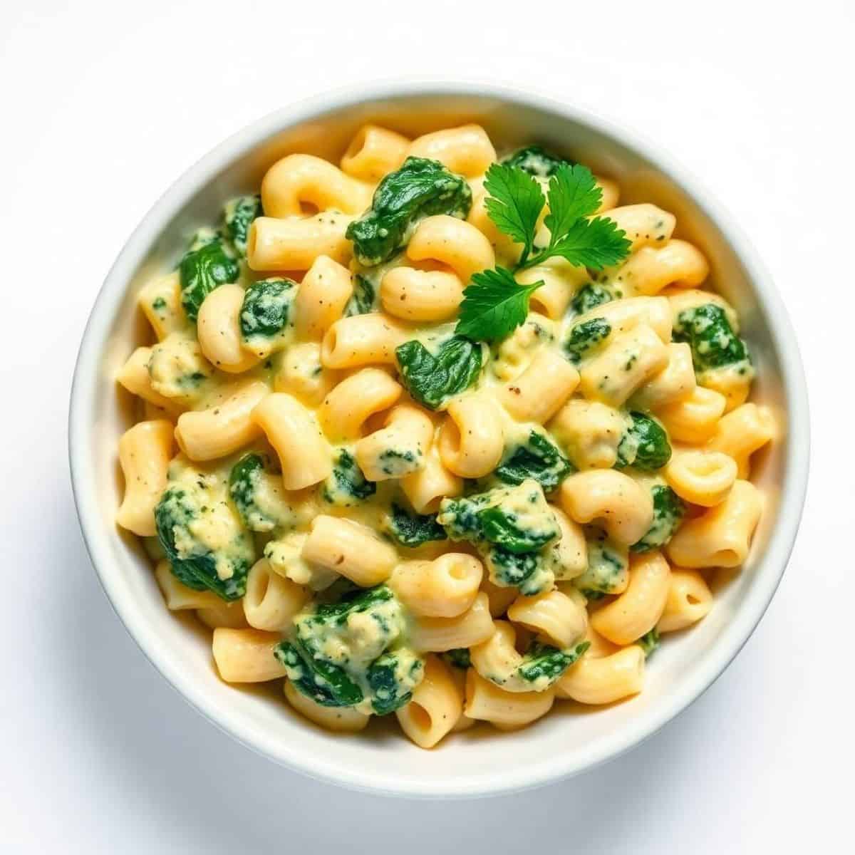 Delicious spinach macaroni and cheese with a creamy cheese sauce and fresh spinach. Perfect comfort.