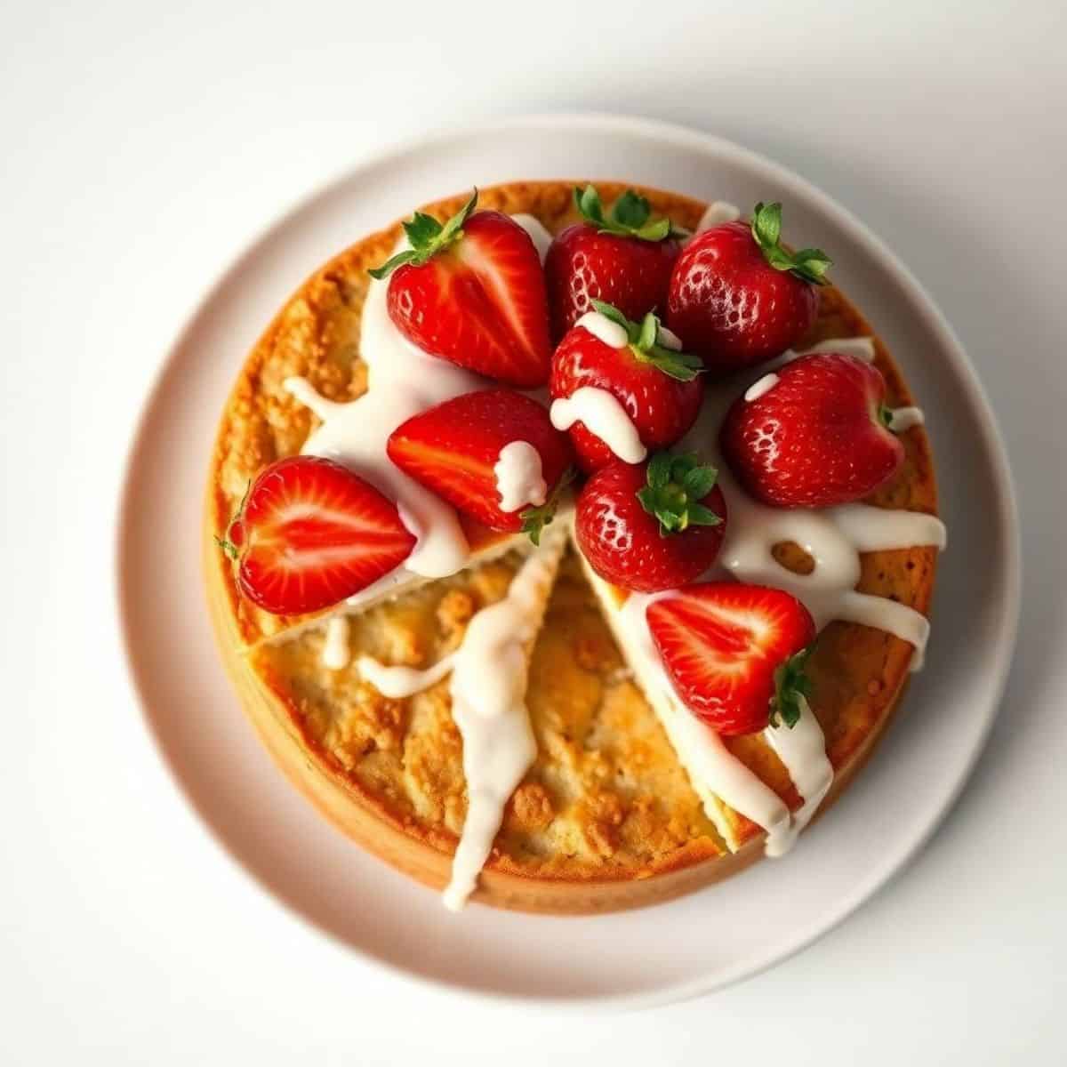 Delicious coffee cake topped with fresh strawberries, cream, and a drizzle of icing. Perfect for bre.
