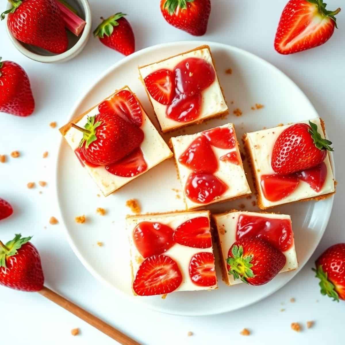 Delicious strawberry rhubarb cheesecake bars topped with fresh strawberries.