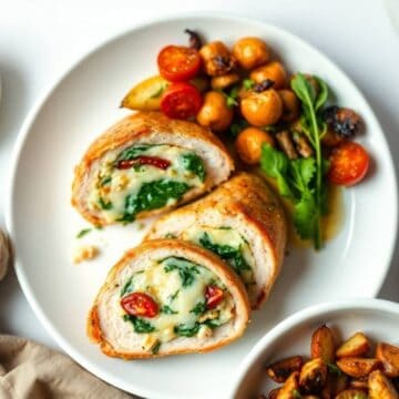 Juicy stuffed chicken breast with spinach, cheese, and cherry tomatoes, served with roasted potatoes.
