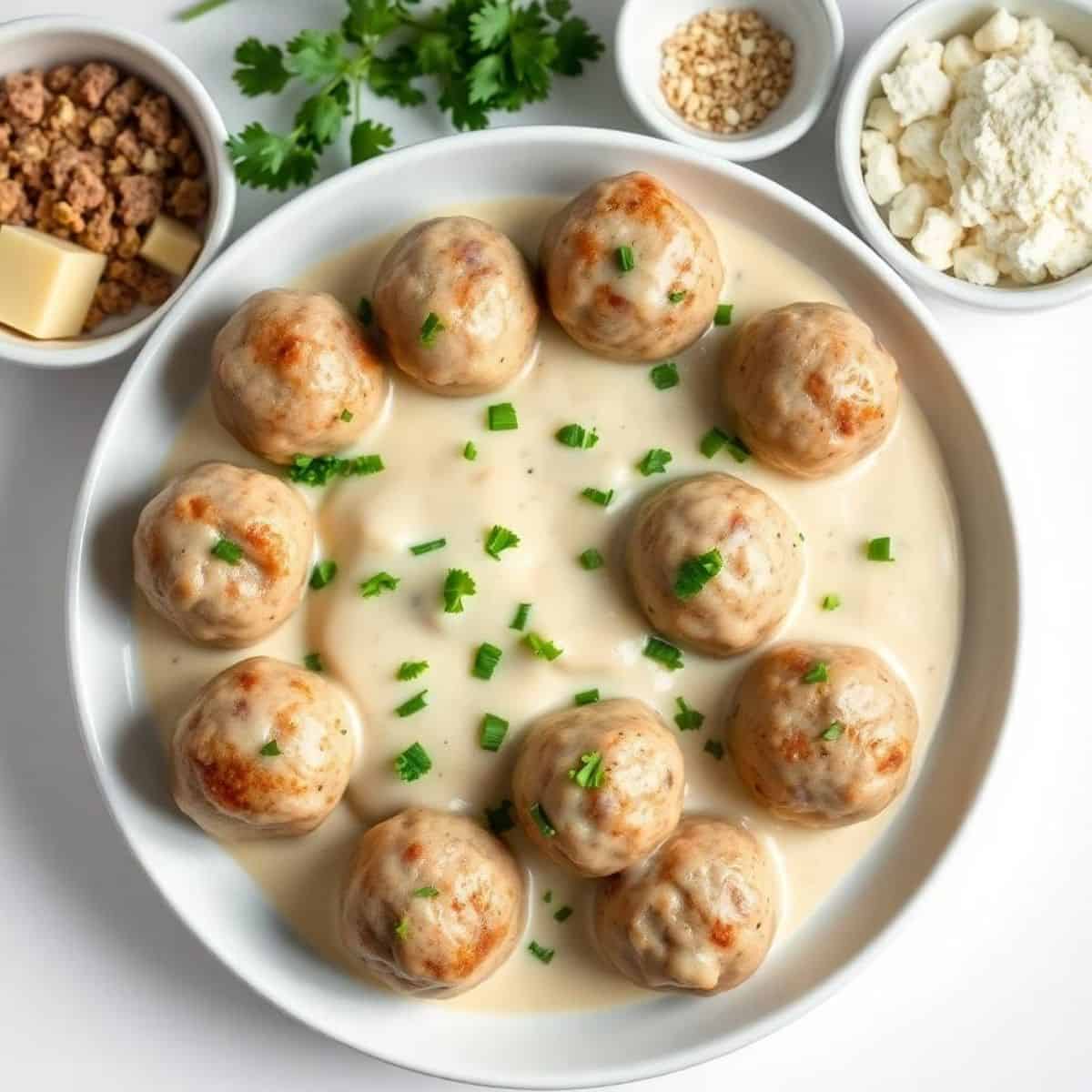 Swedish meatballs served with creamy sauce and garnished with green onions.
