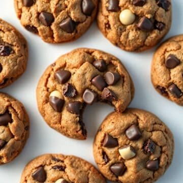 Delicious triple chocolate chunk cookies with melted chocolate and crispy edges.