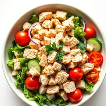 Delicious turkey salad with cherry tomatoes, cucumbers, and fresh greens in a white bowl.