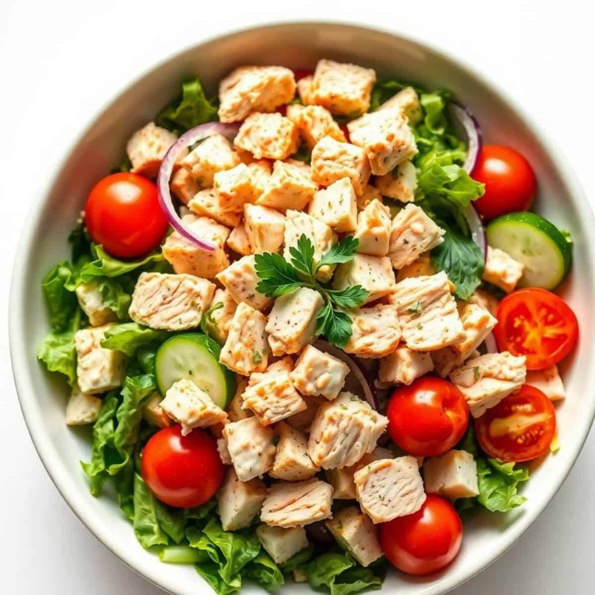 Delicious turkey salad with cherry tomatoes, cucumbers, and fresh greens in a white bowl.