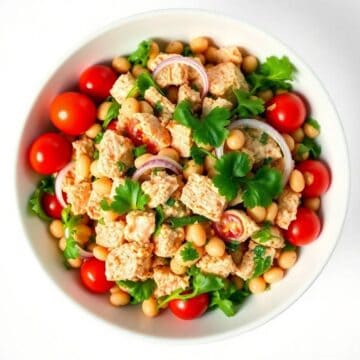 Healthy Tuscan tuna salad with cherry tomatoes and fresh herbs.