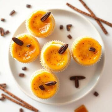 Delicious vanilla bean crème brûlée cheesecake cupcakes topped with caramelized sugar and chocolate.