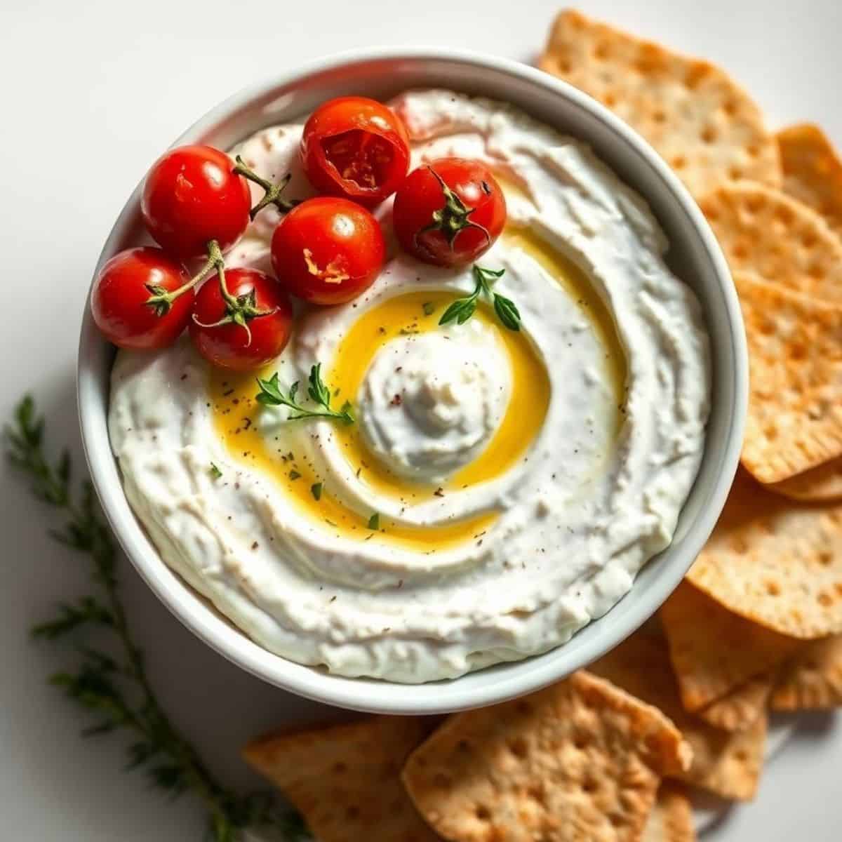 Delicious whipped feta dip topped with fresh roasted cherry tomatoes and olive oil, perfect for appe.