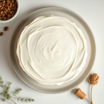 Creamy white cake frosting on a round cake, perfect for a white cake recipe.
