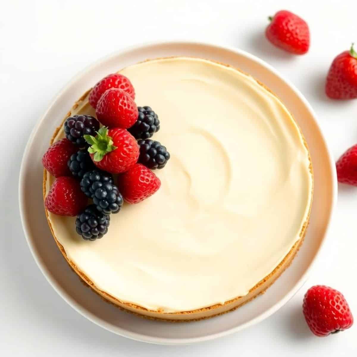 Delicious Woolworth icebox cheesecake with mixed berries on top.